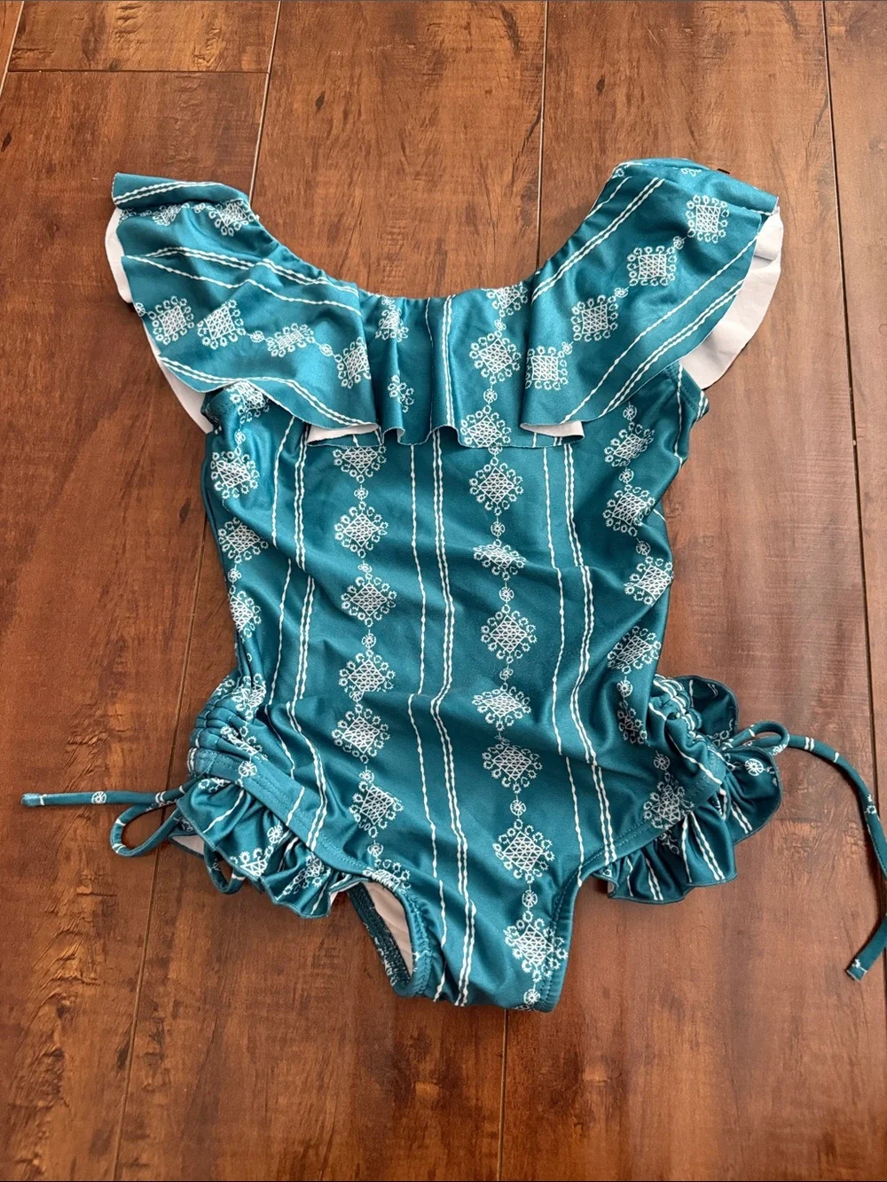 Well Dressed Wolf Teal Ruffle One-Piece Swimsuit with White Print (Wildling)